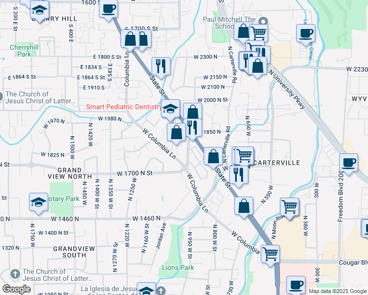 map of restaurants, bars, coffee shops, grocery stores, and more near 1841 North State Street in Provo