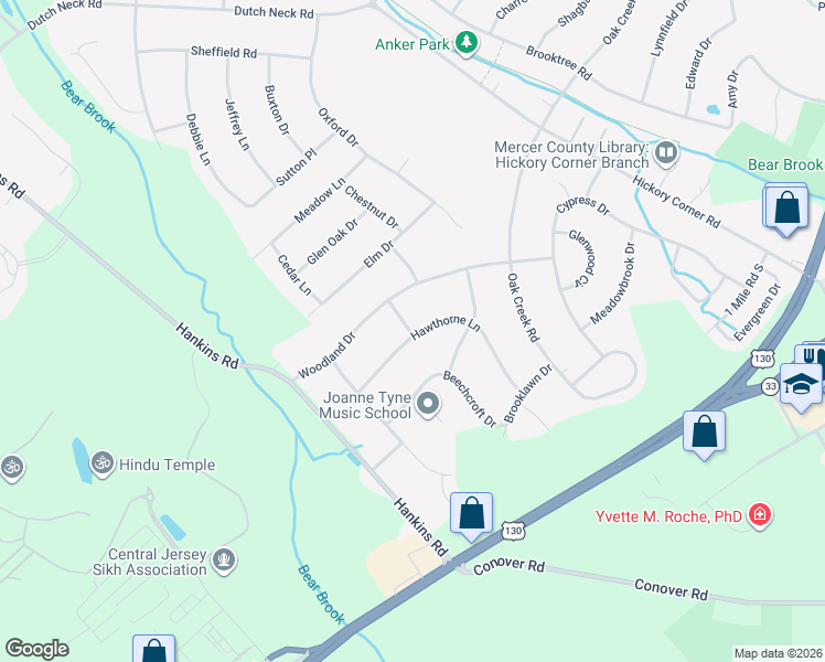 map of restaurants, bars, coffee shops, grocery stores, and more near 26 Hawthorne Lane in East Windsor