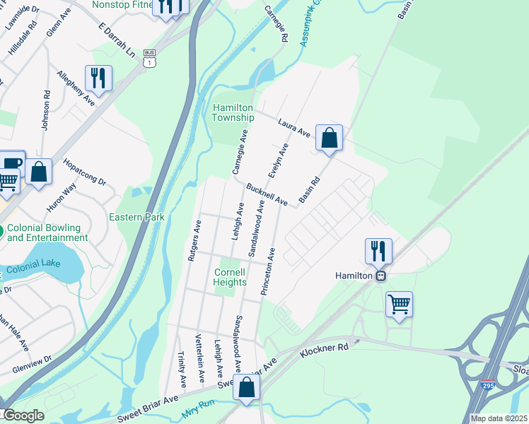 map of restaurants, bars, coffee shops, grocery stores, and more near 44 Sandalwood Avenue in Hamilton Township