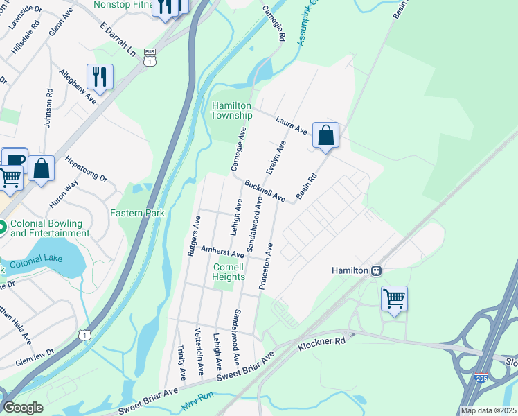 map of restaurants, bars, coffee shops, grocery stores, and more near 15 Princeton Avenue in Hamilton Township