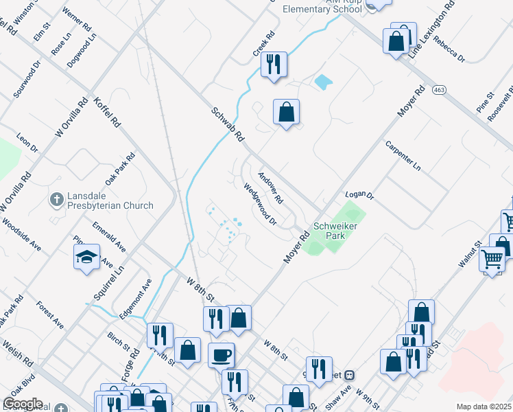 map of restaurants, bars, coffee shops, grocery stores, and more near 896 Wedgewood Drive in Lansdale