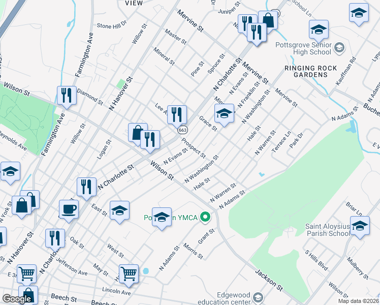 map of restaurants, bars, coffee shops, grocery stores, and more near 880 North Evans Street in Pottstown