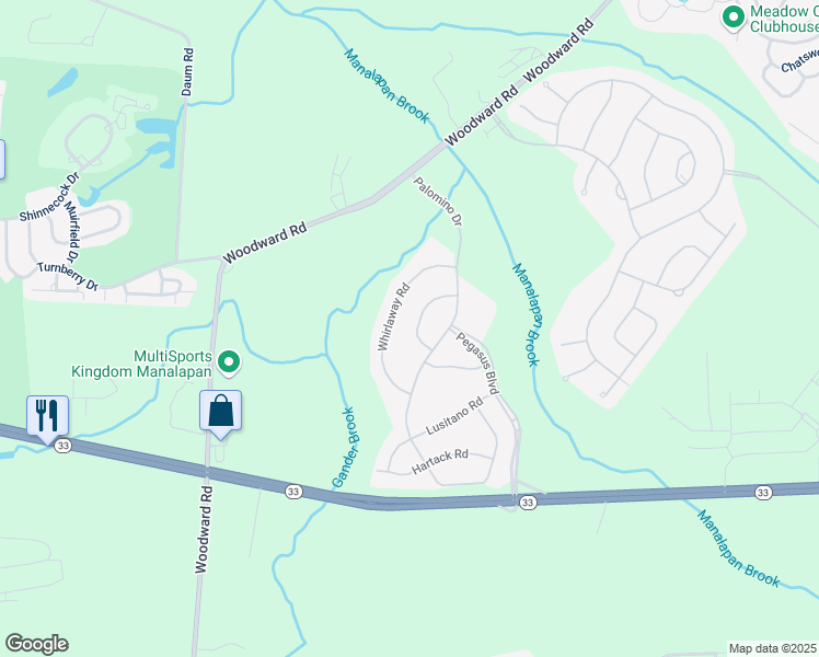 map of restaurants, bars, coffee shops, grocery stores, and more near 30 Whirlaway Road in Manalapan Township