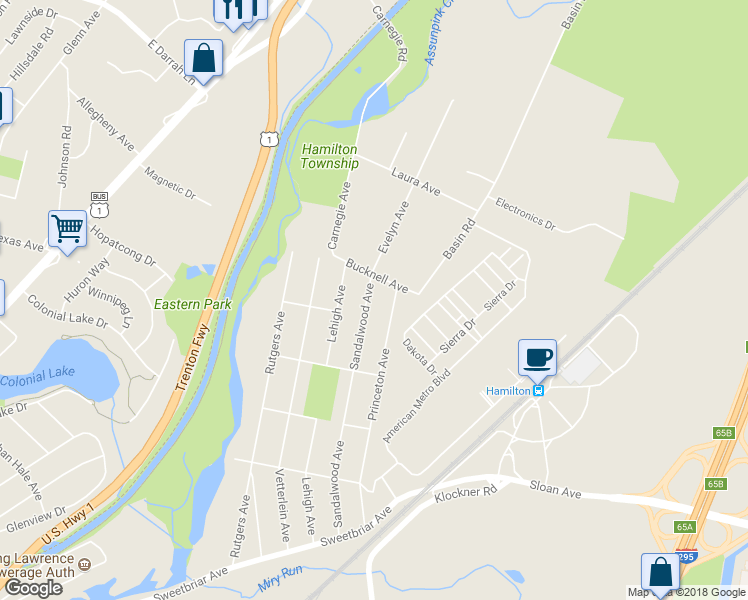 map of restaurants, bars, coffee shops, grocery stores, and more near 44 Sandalwood Avenue in Hamilton Township