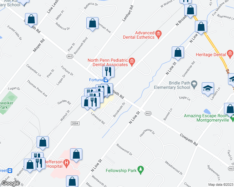map of restaurants, bars, coffee shops, grocery stores, and more near 1 Whitemarsh Lane in Lansdale
