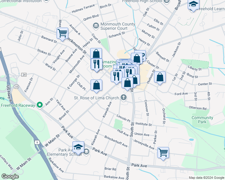 map of restaurants, bars, coffee shops, grocery stores, and more near 55 West Main Street in Freehold
