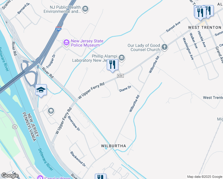 map of restaurants, bars, coffee shops, grocery stores, and more near 6 Sandy Lane in Trenton