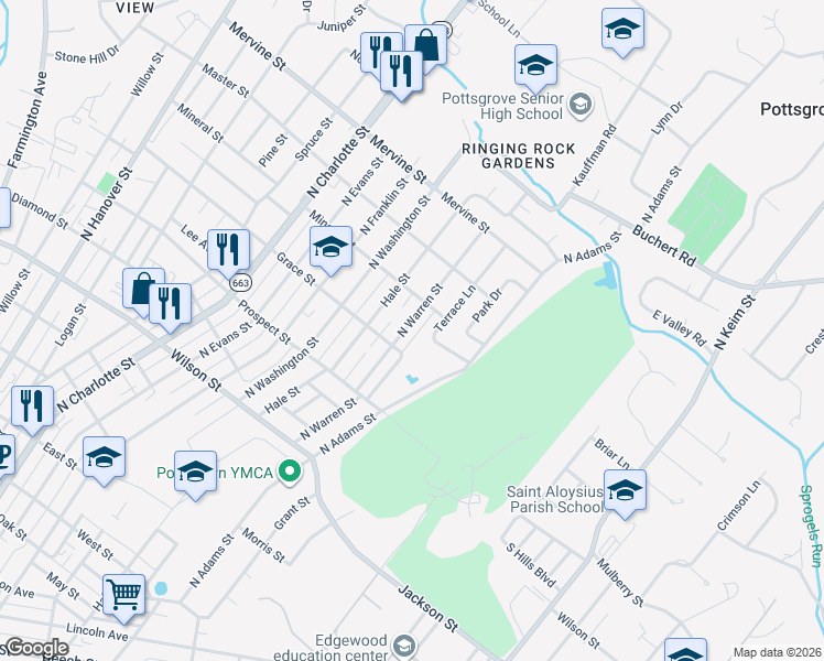map of restaurants, bars, coffee shops, grocery stores, and more near 974 North Warren Street in Pottstown