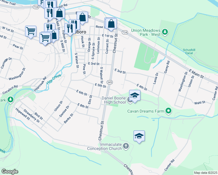 map of restaurants, bars, coffee shops, grocery stores, and more near 501 Chestnut Street in Birdsboro