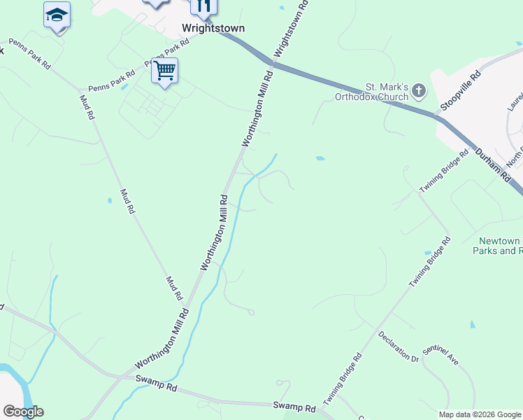 map of restaurants, bars, coffee shops, grocery stores, and more near 992 Worthington Mill Road in Newtown