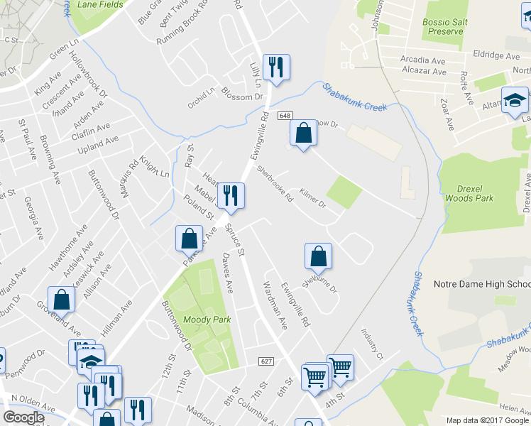 map of restaurants, bars, coffee shops, grocery stores, and more near 11 Stoneham Road in Ewing Township