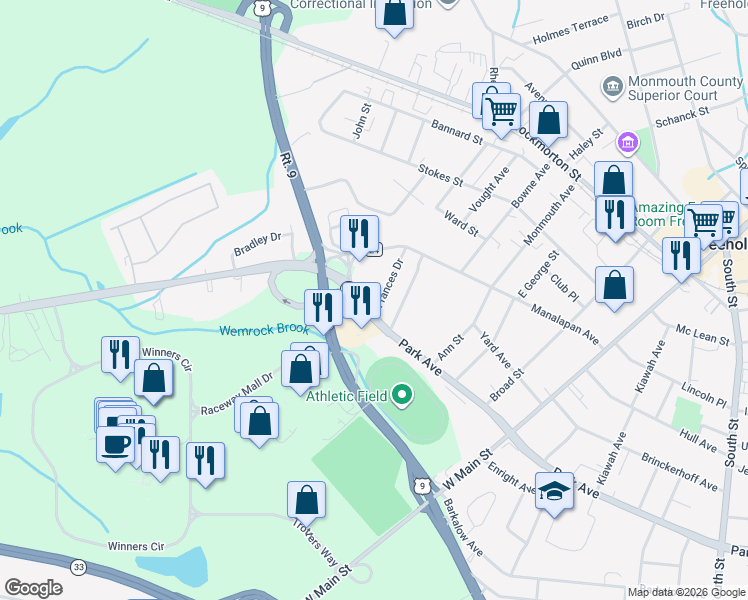 map of restaurants, bars, coffee shops, grocery stores, and more near 18 Frances Drive in Freehold