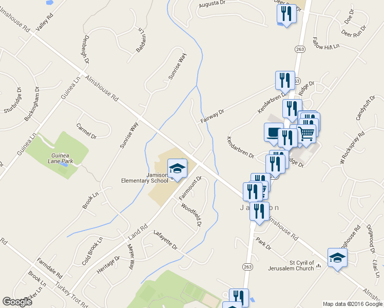 map of restaurants, bars, coffee shops, grocery stores, and more near 2224 Sand Trap Road in Jamison