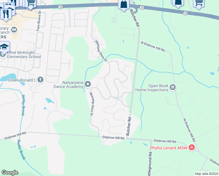 map of restaurants, bars, coffee shops, grocery stores, and more near 304 Morning Glory Drive in Monroe Township