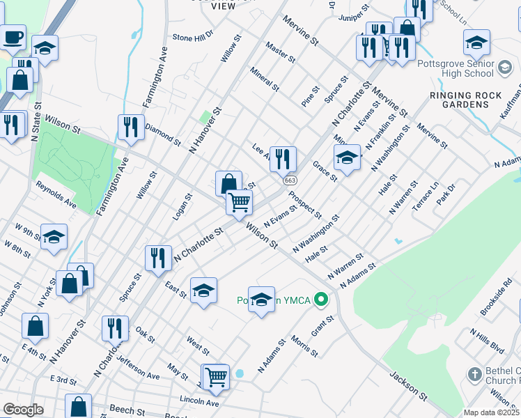 map of restaurants, bars, coffee shops, grocery stores, and more near 840 North Charlotte Street in Pottstown