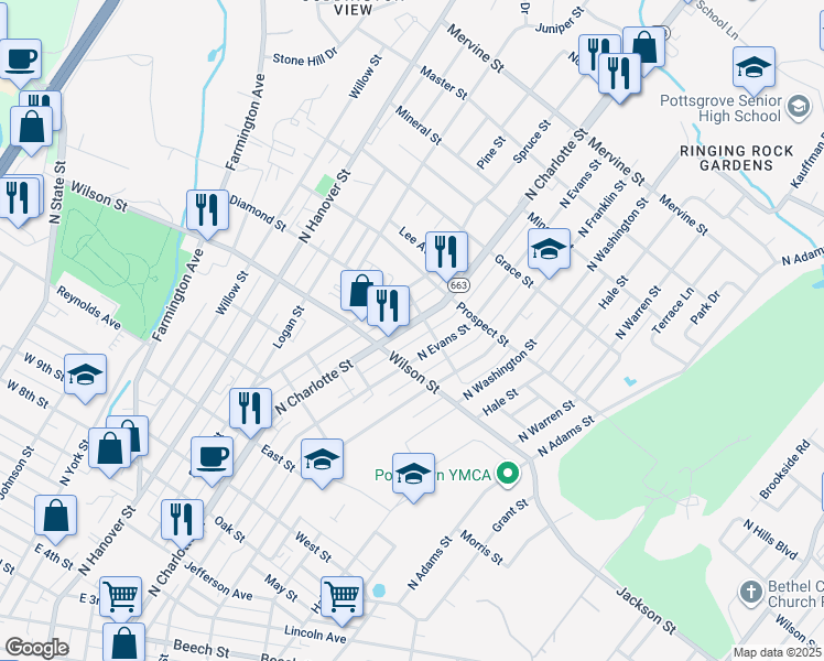 map of restaurants, bars, coffee shops, grocery stores, and more near 840 North Charlotte Street in Pottstown