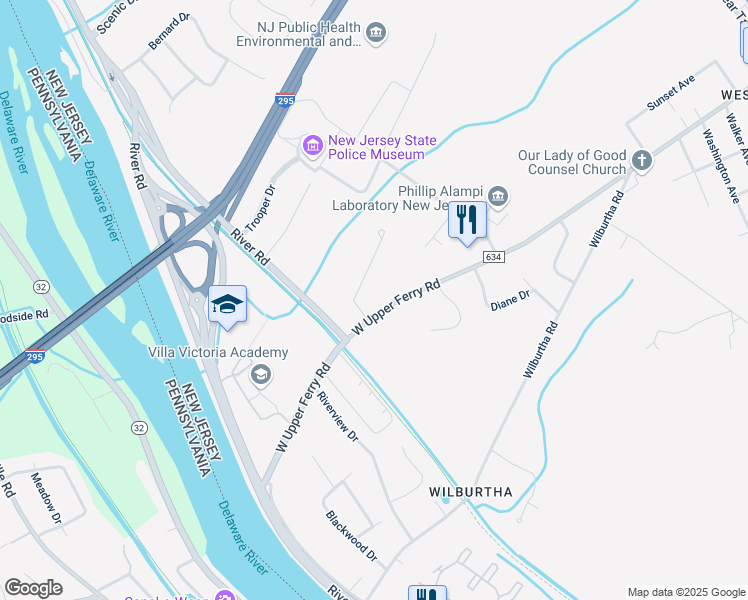 map of restaurants, bars, coffee shops, grocery stores, and more near 282 West Upper Ferry Road in Ewing Township