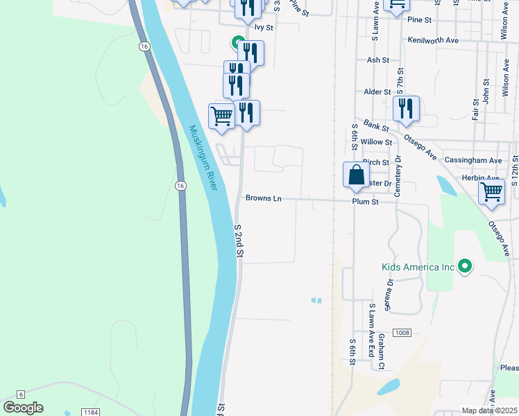 map of restaurants, bars, coffee shops, grocery stores, and more near 255 Browns Lane in Coshocton