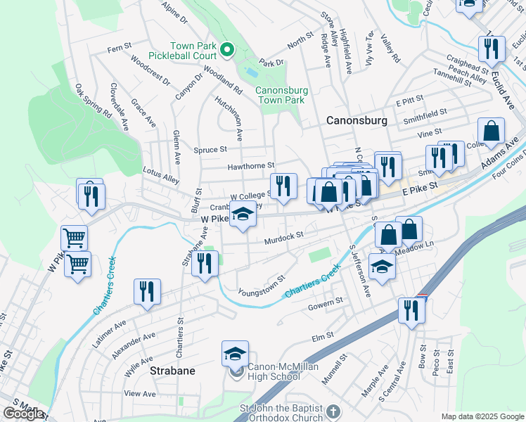 map of restaurants, bars, coffee shops, grocery stores, and more near 228 West Pike Street in Canonsburg