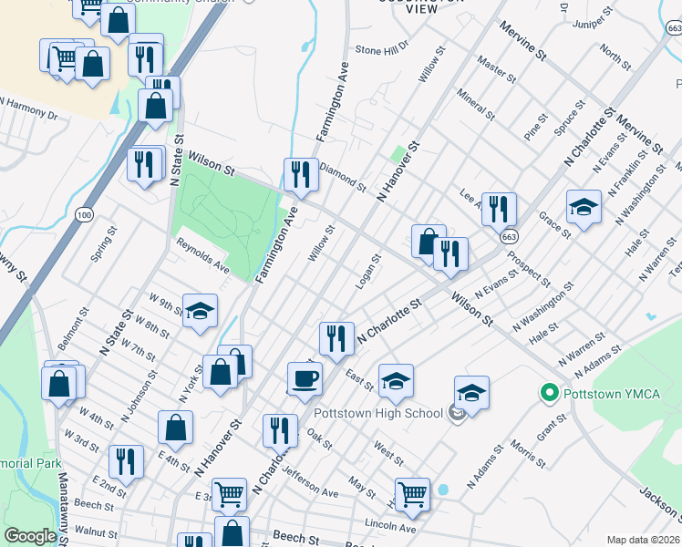 map of restaurants, bars, coffee shops, grocery stores, and more near 742 North Hanover Street in Pottstown