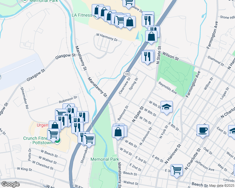 map of restaurants, bars, coffee shops, grocery stores, and more near 447 Clearview Street in Pottstown