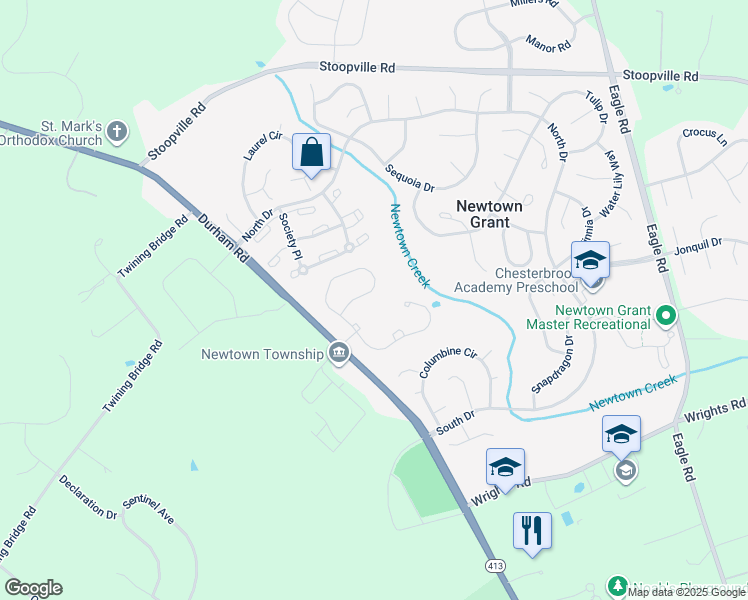 map of restaurants, bars, coffee shops, grocery stores, and more near 95 Rittenhouse Circle in Newtown
