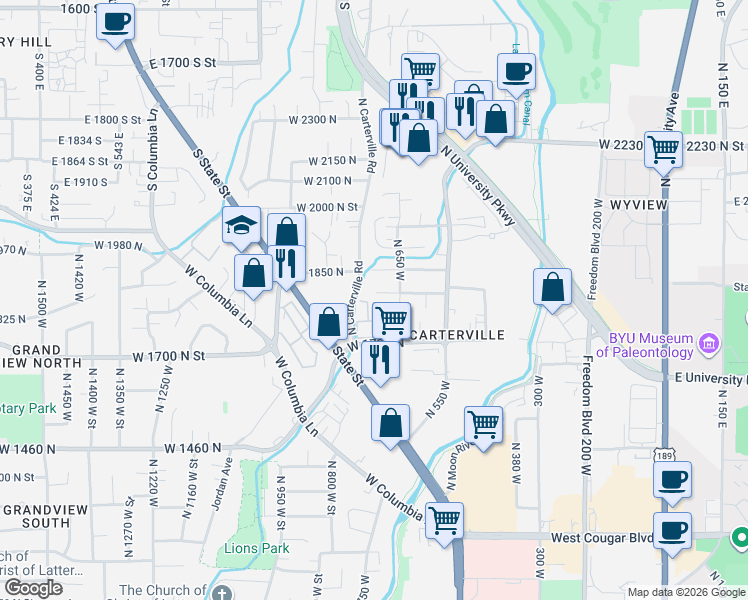 map of restaurants, bars, coffee shops, grocery stores, and more near 703 700 South Street in Provo