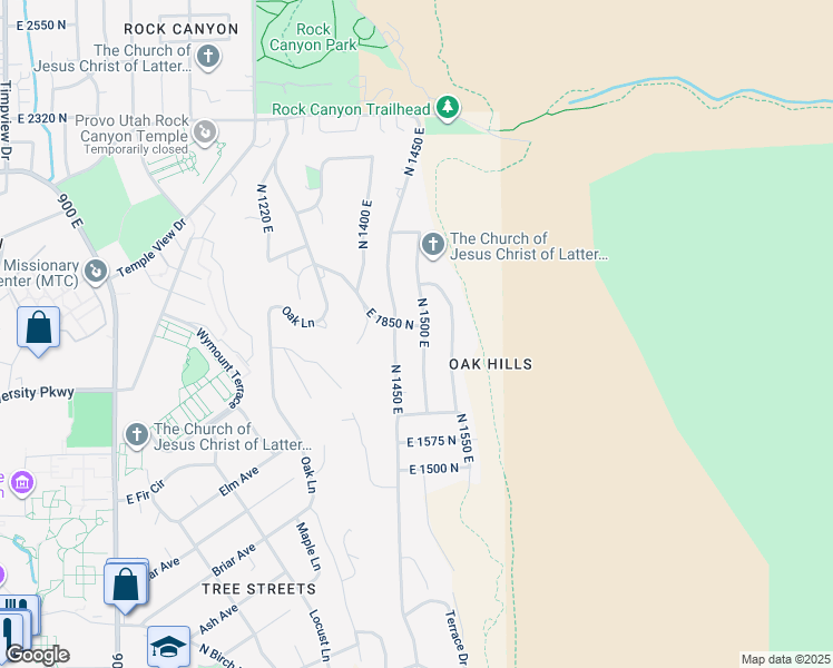 map of restaurants, bars, coffee shops, grocery stores, and more near 1839 North 1500 East in Provo