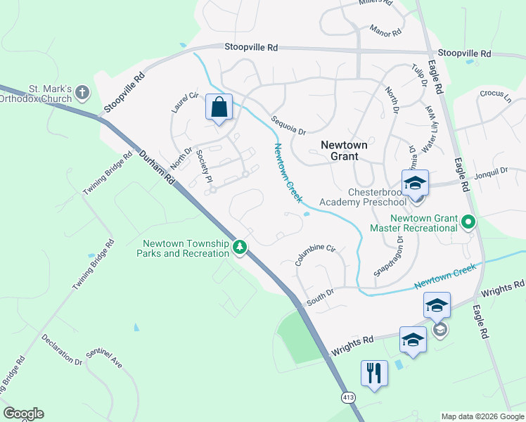 map of restaurants, bars, coffee shops, grocery stores, and more near 93 Rittenhouse Circle in Newtown