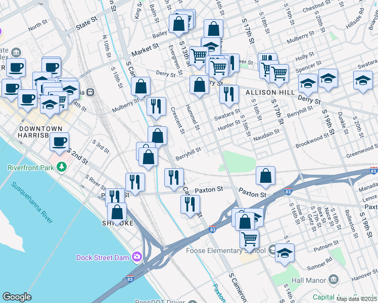 map of restaurants, bars, coffee shops, grocery stores, and more near 466 Crescent Street in Harrisburg