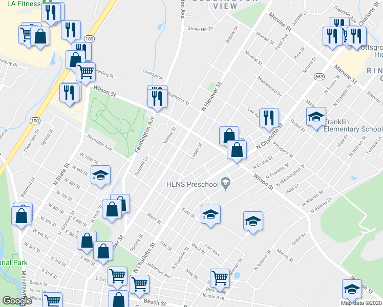 map of restaurants, bars, coffee shops, grocery stores, and more near 771 Logan Street in Pottstown
