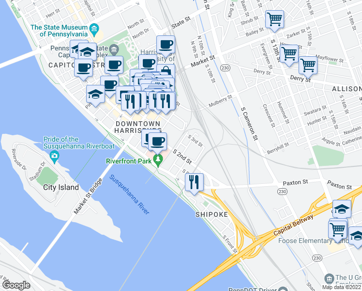 map of restaurants, bars, coffee shops, grocery stores, and more near 201 South Court Street in Harrisburg