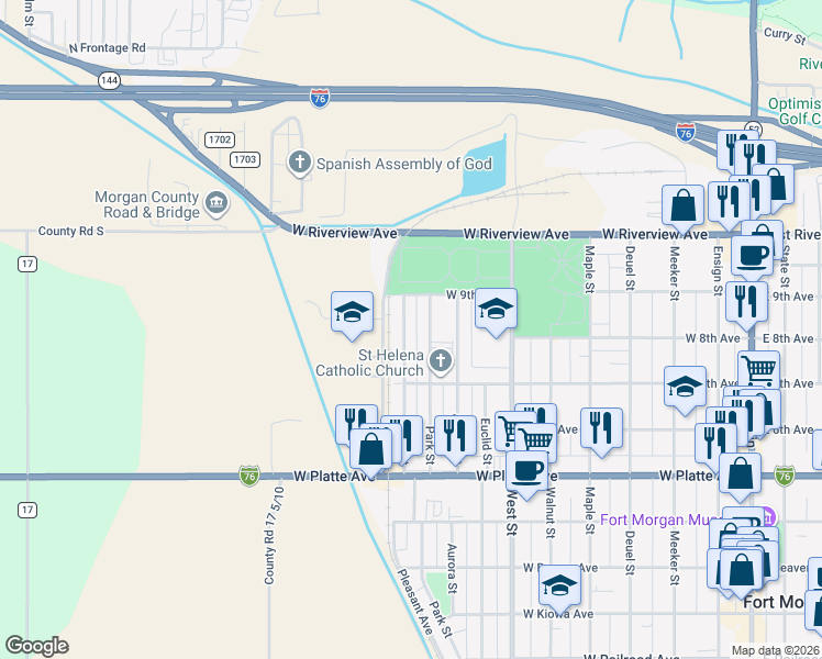 map of restaurants, bars, coffee shops, grocery stores, and more near 910 Lane Street in Fort Morgan