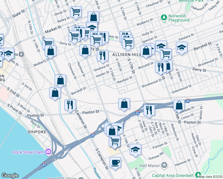 map of restaurants, bars, coffee shops, grocery stores, and more near 38 Argyle Street in Harrisburg