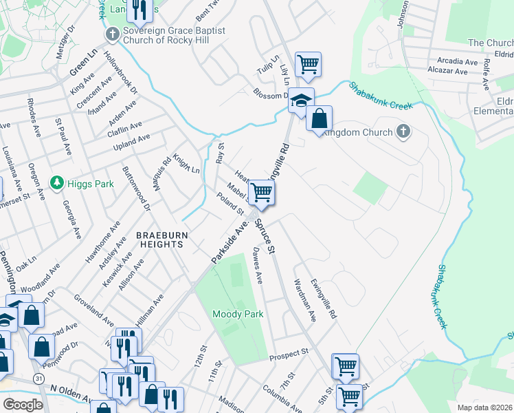 map of restaurants, bars, coffee shops, grocery stores, and more near 4 Mabel Street in Trenton