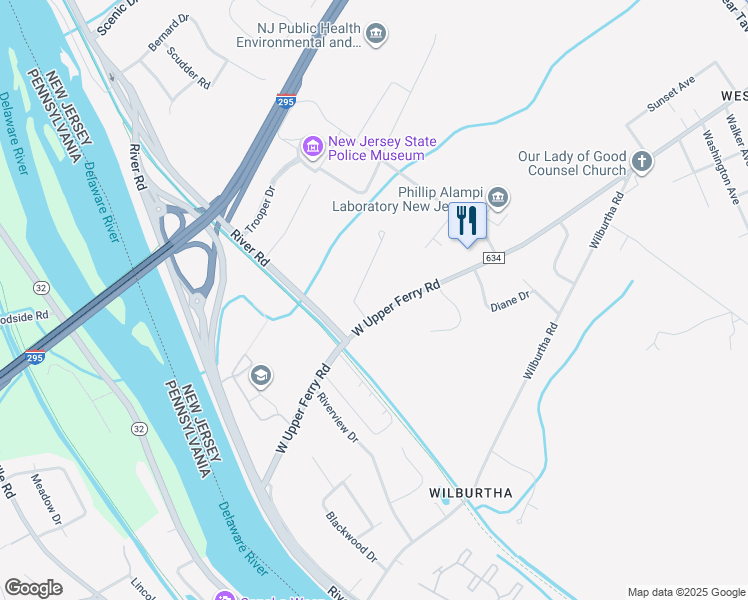 map of restaurants, bars, coffee shops, grocery stores, and more near 282 West Upper Ferry Road in Ewing Township
