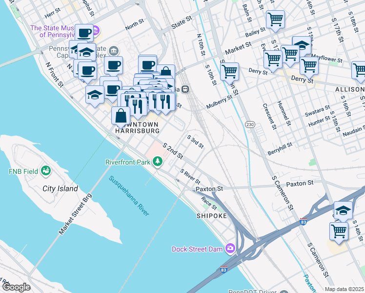 map of restaurants, bars, coffee shops, grocery stores, and more near 200 South Court Street in Harrisburg