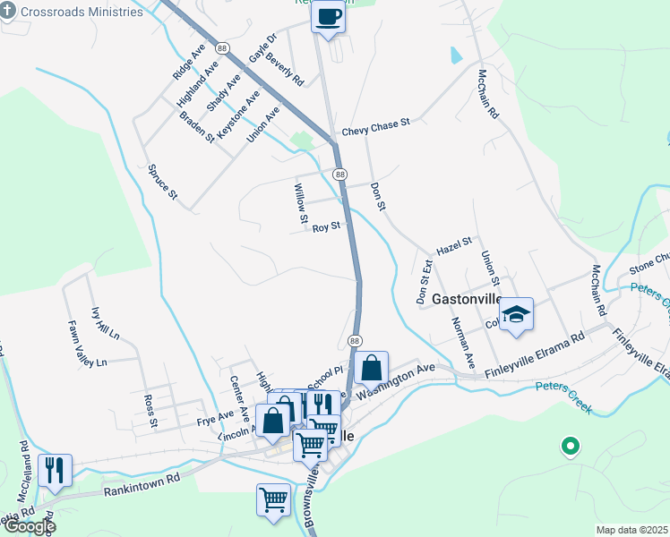 map of restaurants, bars, coffee shops, grocery stores, and more near 44 Hobbitt Lane in Finleyville