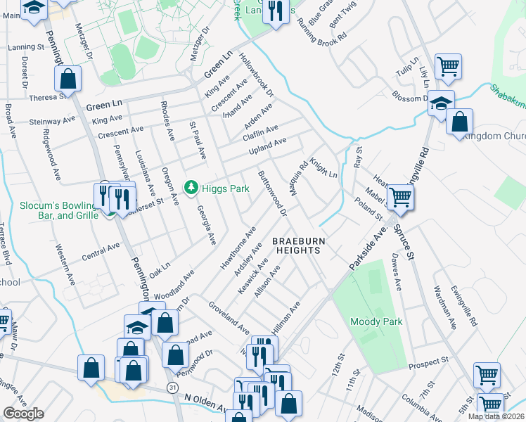 map of restaurants, bars, coffee shops, grocery stores, and more near 140 Hawthorne Avenue in Ewing Township