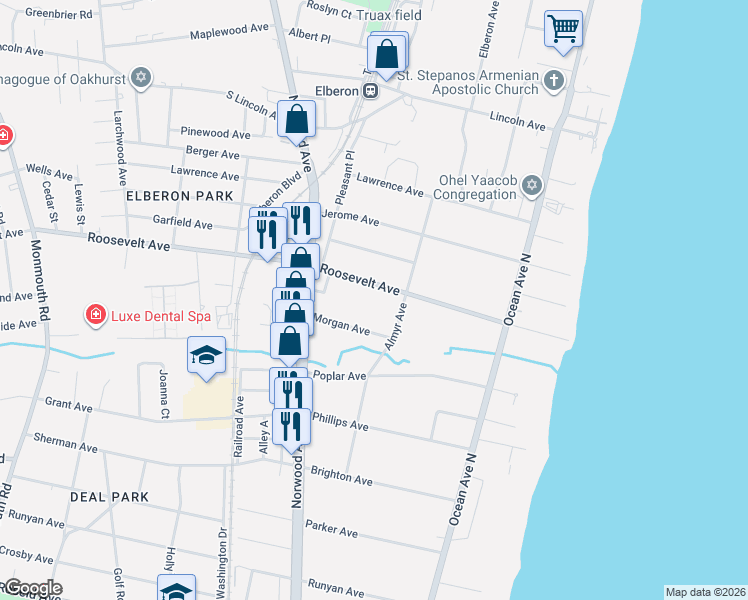 map of restaurants, bars, coffee shops, grocery stores, and more near 88 Roosevelt Avenue in Deal