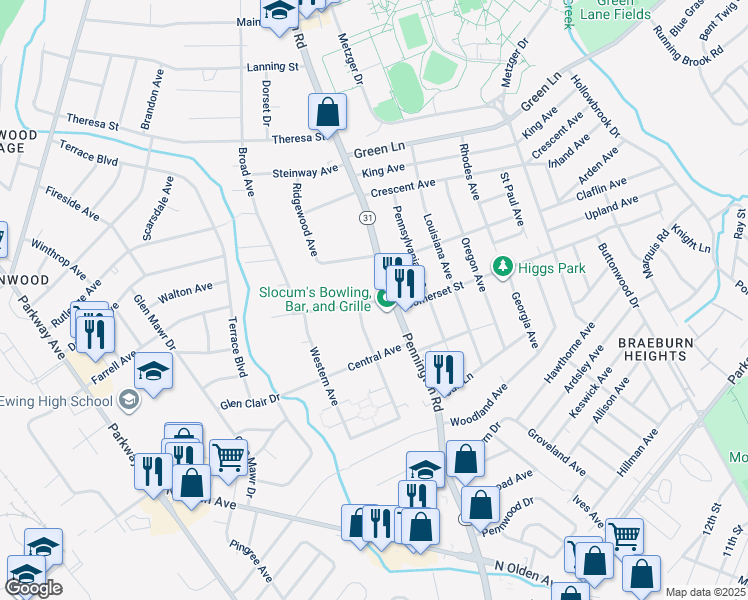 map of restaurants, bars, coffee shops, grocery stores, and more near 16 Brenwal Avenue in Ewing Township