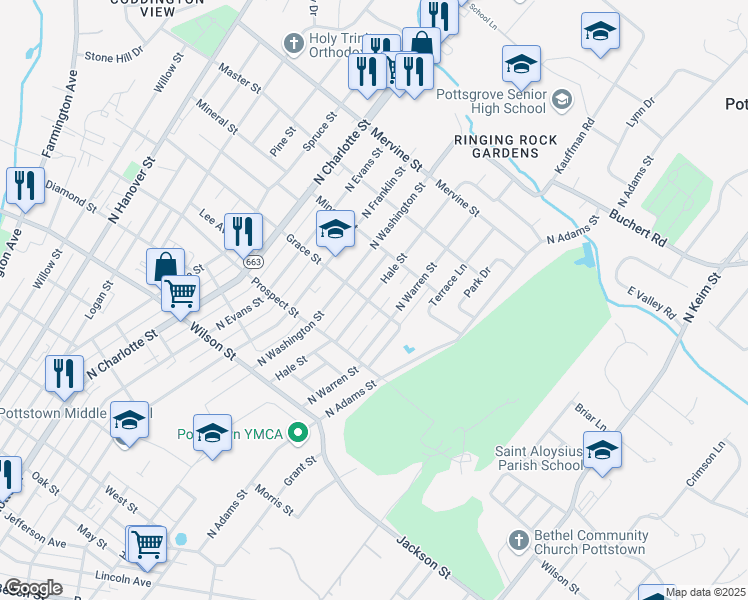 map of restaurants, bars, coffee shops, grocery stores, and more near 968 Hale Street in Pottstown