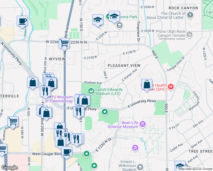 map of restaurants, bars, coffee shops, grocery stores, and more near 332 Stadium Avenue in Provo