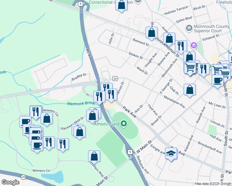 map of restaurants, bars, coffee shops, grocery stores, and more near 18 Frances Drive in Freehold