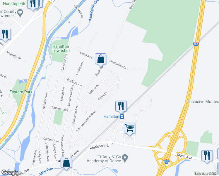 map of restaurants, bars, coffee shops, grocery stores, and more near Grand Central Drive in Hamilton Township