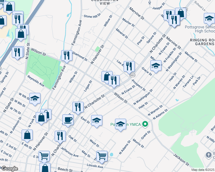 map of restaurants, bars, coffee shops, grocery stores, and more near 810 Spruce Street in Pottstown