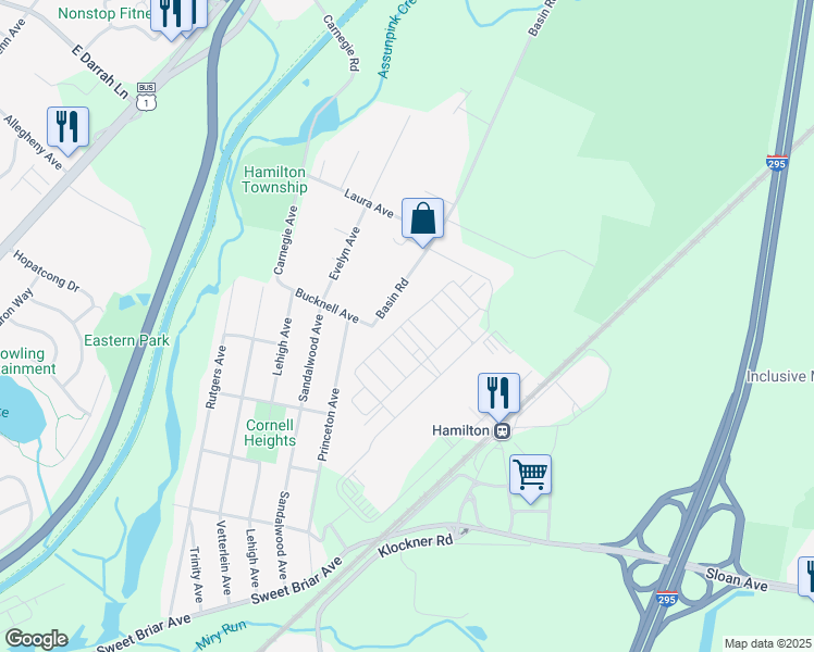 map of restaurants, bars, coffee shops, grocery stores, and more near 32 Adirondack Boulevard in Trenton