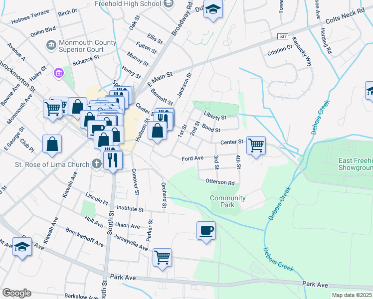 map of restaurants, bars, coffee shops, grocery stores, and more near 12 1st Street in Freehold