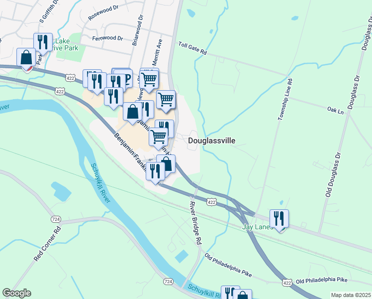 map of restaurants, bars, coffee shops, grocery stores, and more near 139 Old Swede Road in Douglassville