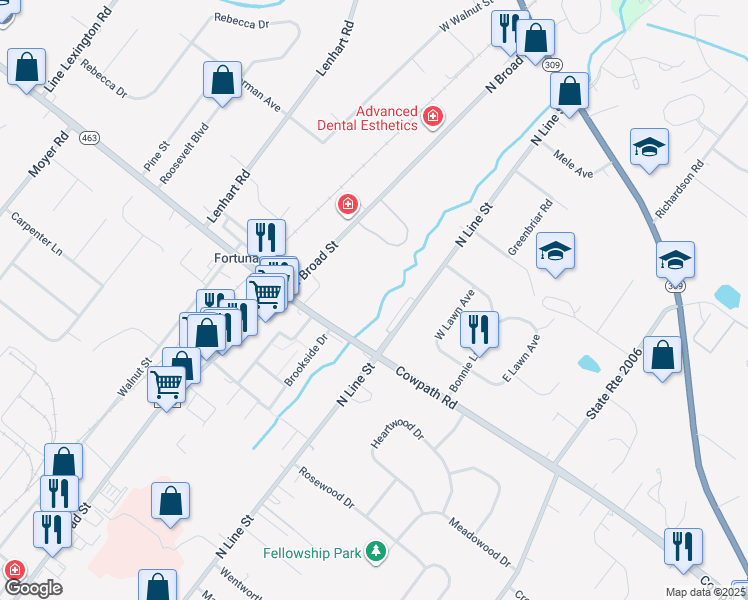 map of restaurants, bars, coffee shops, grocery stores, and more near 2001 North Broad Street in Lansdale